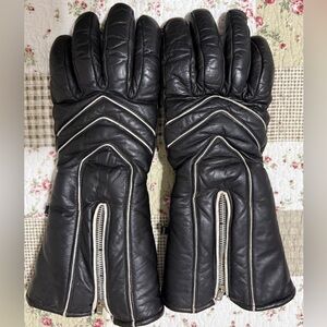 Vintage Gauntlet Length Black Leather Motorcycle Gloves, size L/XL